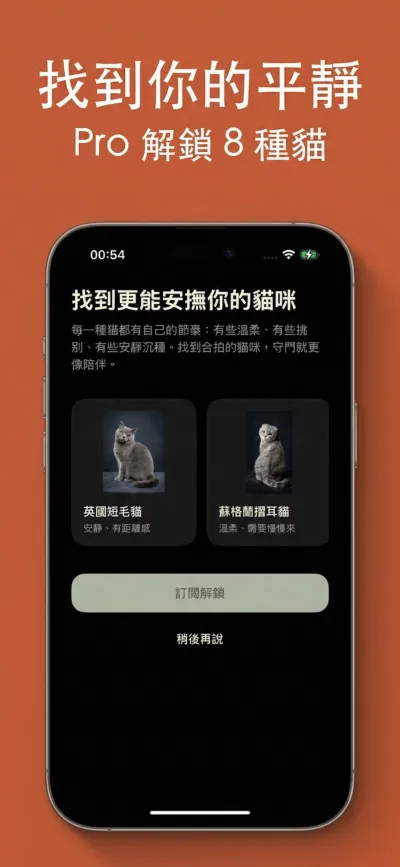 8 種貓咪品種選擇畫面 — 從緬因貓到波斯貓